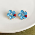 Gold Tone Aqua Flower Red Ladybug Stud Earrings For Women view 6