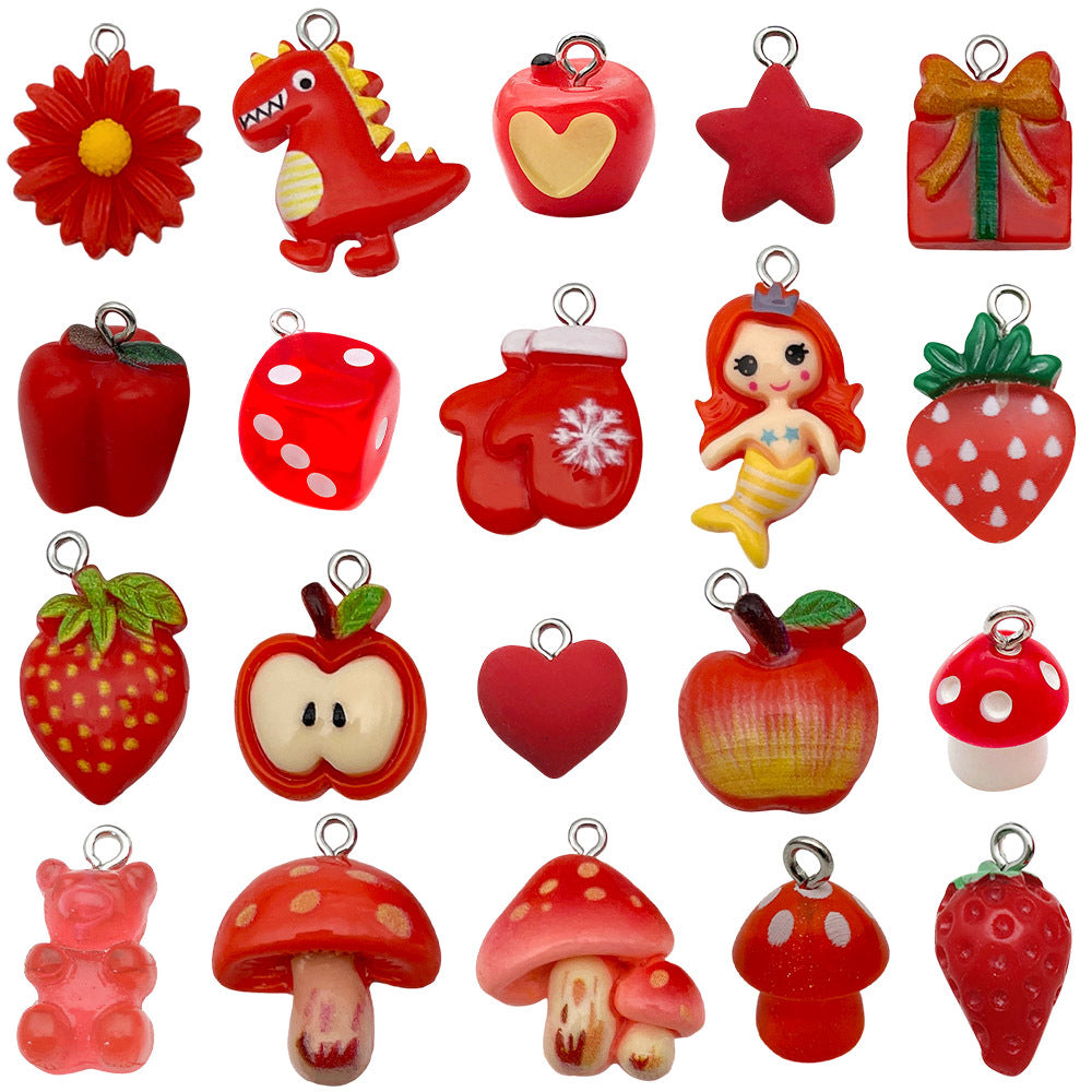 Red Resin Cartoon Apple Strawberry Cherry Charm Pendants for DIY Bracelet Necklace