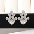 Silver Flower CZ Pearl Drop Stud Earrings Dual Bloom Design view 3