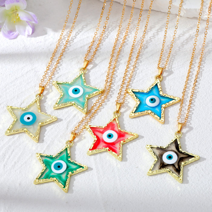Gold Tone Star Resin Evil Eye Pendant Necklaces in Six Colors