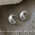 Silver Wide Textured Ridge C Shape Half Hoop Stud Earrings view 3