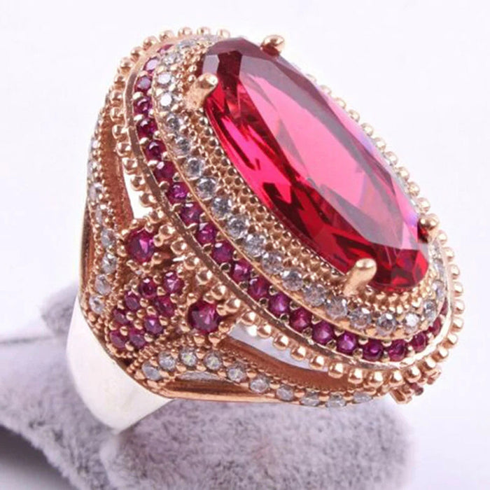 Rose Gold Large Red Oval Stone Multi Halo Cocktail Ring