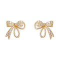 Gold Tone Clear Stone Ribbon Bow Stud Earrings For Women view 5