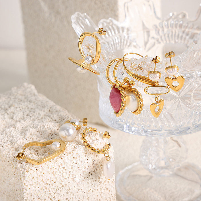 Metal Heart Pearl Earring Assortment Gold Steel Rose Gold