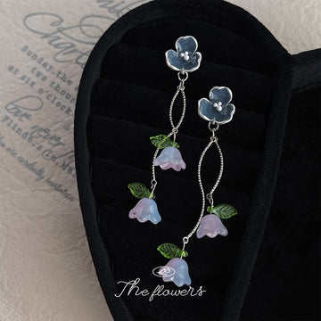 Dark Blue Flower Pale Lavender Bell Branch Long Drop Earrings