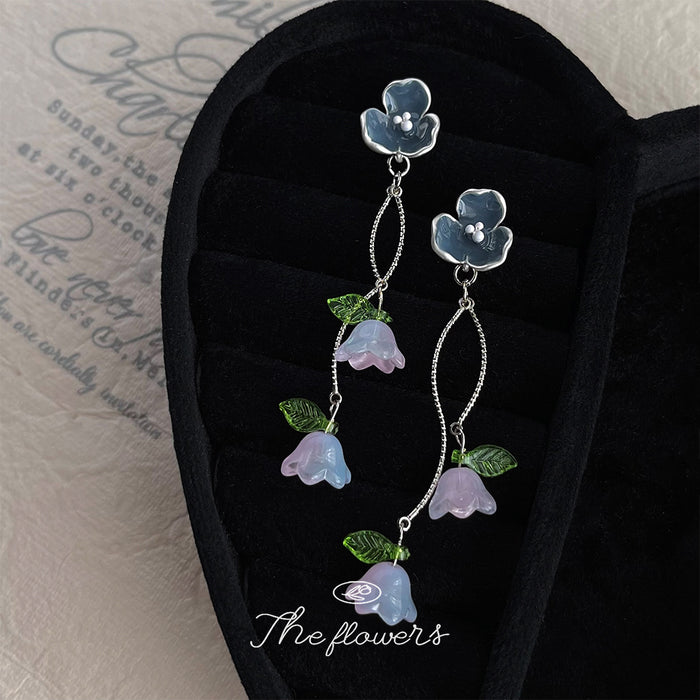 Dark Blue Flower Pale Lavender Bell Branch Long Drop Earrings