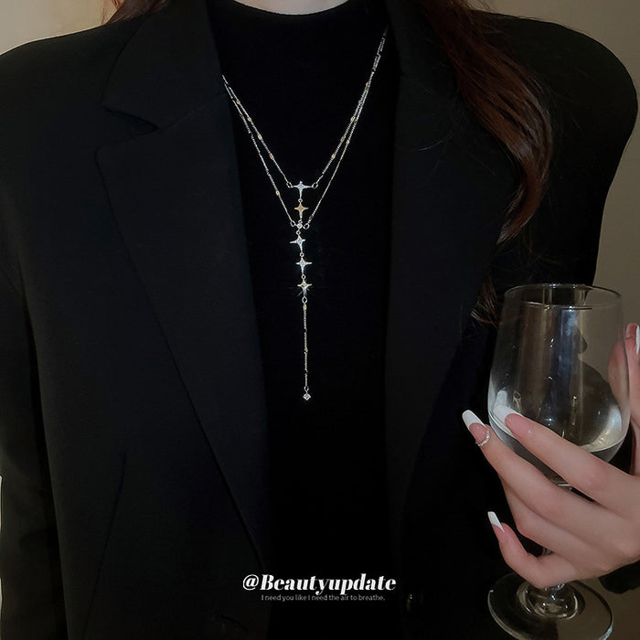 Silver Double Layer Crystal Star Tassel Necklace Piece