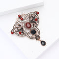 Copper Tone Vintage Openwork Brooch Red Black Stones view 4