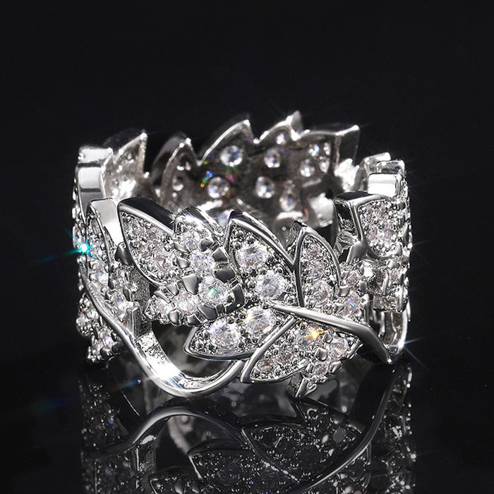 Silver-Tone Crystal Leaf Vine Wide Band Ring Jewelry