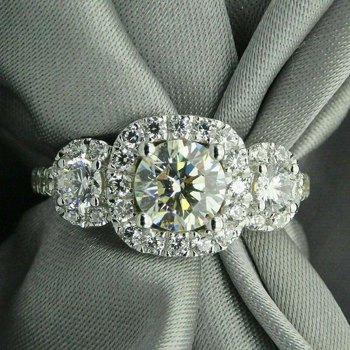 White Gold Three Stone Halo Clear CZ Finger Ring Sizes 6-10