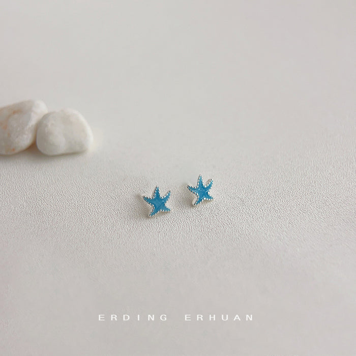 Silver-Tone Mini Blue Enamel Starfish Stud Earrings