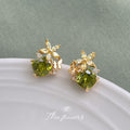 Gold Tone Olive Green Square Stone Flower Butterfly Stud Earrings view 4