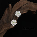 Silver Camellia Flower Stud Earrings Green Center Stone view 1