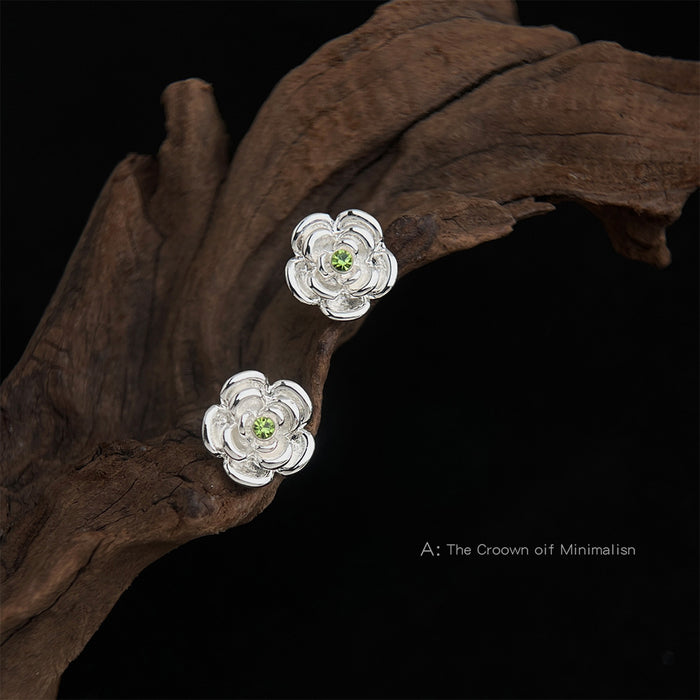 Silver Camellia Flower Stud Earrings Green Center Stone