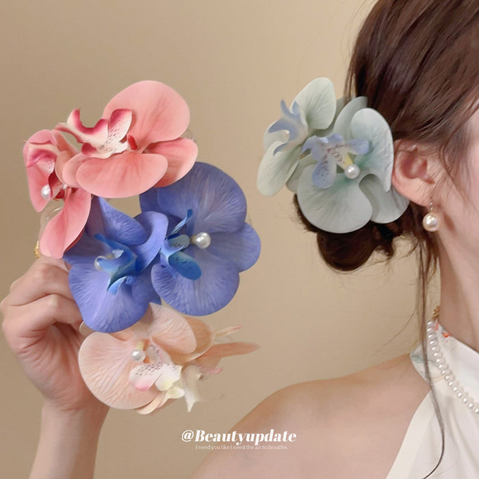 Double Orchid Pearl Like Duckbill Hair Clip In Green Red Yellow Or Blue