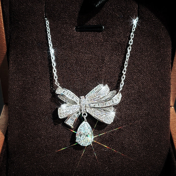 Silver Pave Bow Teardrop Pendant Necklace Alloy Cable Chain
