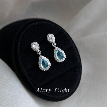 Silver Tone Aqua Teardrop Stone Halo Drop Stud Earrings