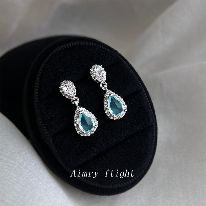 Silver Tone Aqua Teardrop Stone Halo Drop Stud Earrings