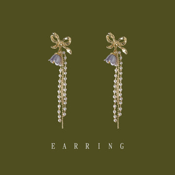 Gold Tone Bow Purple Flower Pearl And Chain Tassel Stud Earrings