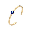 Gold Tone Slim Blue Evil Eye Open Cuff Bracelet with Polished Finish view 5