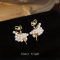 Gold Pearl Ballet Girl Bow Figure Drop Stud Earrings view 4