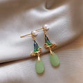 Green Landscape Pavilion Teardrop Stud Earrings With Decorative Metal Details view 6
