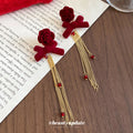 Red Flocked Rose Bow Tassel Drop Earrings Fashion Jewelry view 2