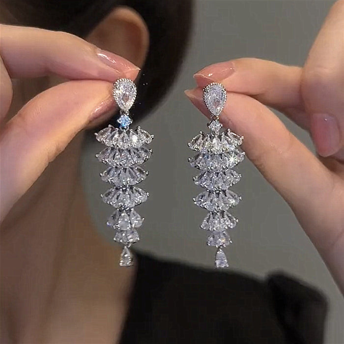 Silver Tone Crystal Leaf Long Dangle Stud Earrings