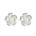 Silver Tone White Enamel Pearl Cherry Blossom Stud Earrings view 2