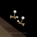 Gold Two-Way Pearl Bow Crystal Ear Jacket Stud Earrings view 4