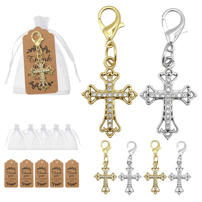 Gold and silver rhinestone cross charms with bags and tags