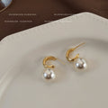 Gold C-Shape Open Hoop Pearl Drop Earrings Post Style view 3