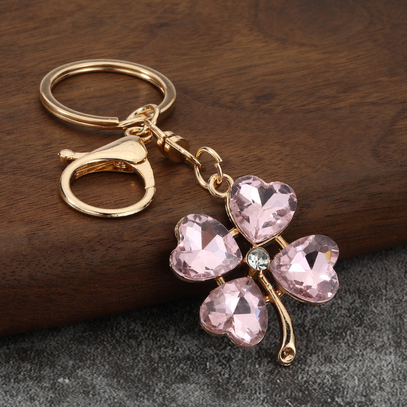 Rhinestone Four Leaf Clover Keychain with Colorful Cat Eye Stone Charm