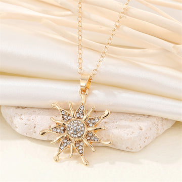 Gold Tone Crystal Snowflake Sunburst Pendant Necklace