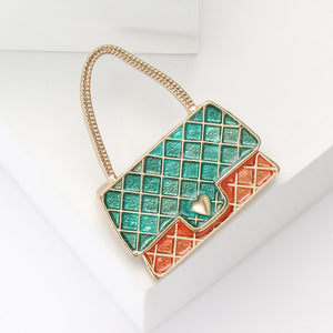Green Enamel Handbag Brooch with Orange Accents and Gold Tone Trim