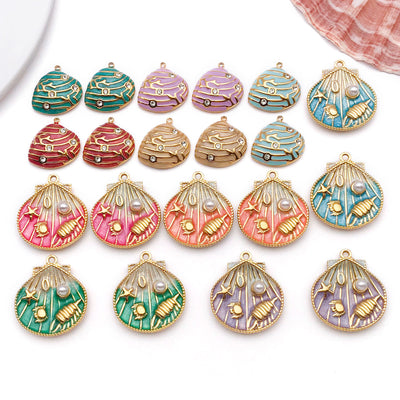 Colorful shell charms arranged on a light background