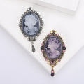 Vintage Cameo Portrait Crystal Brooch in Gray Cameo and Purple Cameo view 1