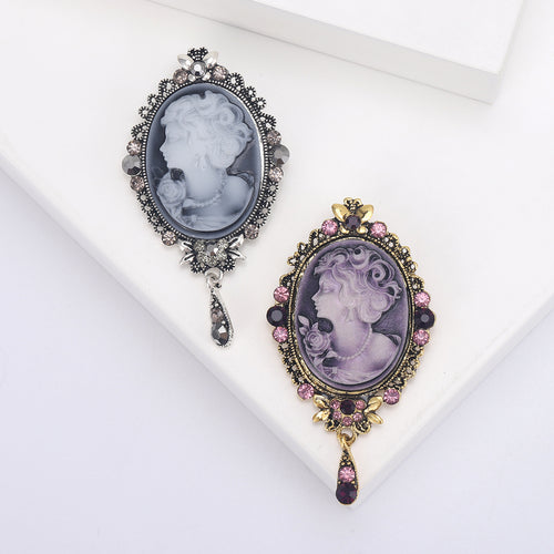 Vintage Cameo Portrait Crystal Brooch isolated front view