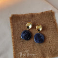 Gold Tone Round Top Dark Blue Sculpted Drop Stud Earrings view 3