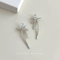 Silver Light Blue Teardrop Crystal Bow Long Drop Earrings view 6