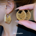 Gold Chain Fringe Hoop Earrings with Crystal Trim with Polished Details view 2