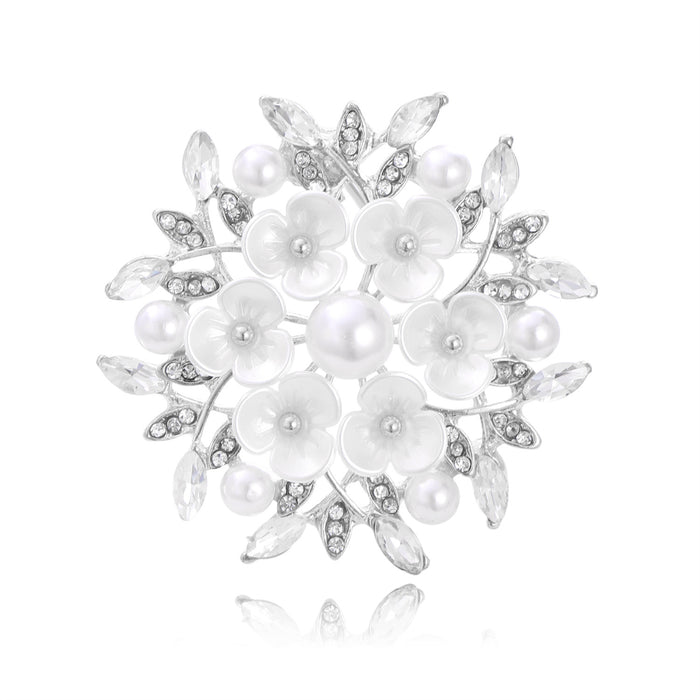 White Flower Crystal Pearl Look Two Designs Metal Brooch Pin