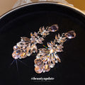 Pale Pink Crystal Leaf Cluster Statement Drop Earrings view 2