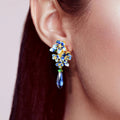 Blue Floral Cluster and Teardrop Long Earrings in Gold Tone view 2
