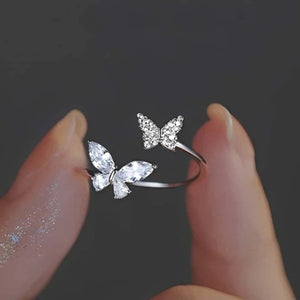 Double Butterfly Adjustable Open Ring In Polished Silver Tone