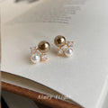 Gold Tone Coffee Pearl Cluster Stud Earrings Clear Crystals view 3