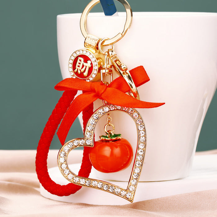 Jeweled Double Heart and Persimmon Keychains with Red Bow Accent