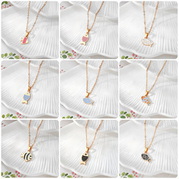 Gold Tone Fish Pendant Necklaces and Pink Fish Stud Earrings