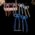Pink Crystal Bow Tassel Stud Earrings Statement Pair view 3