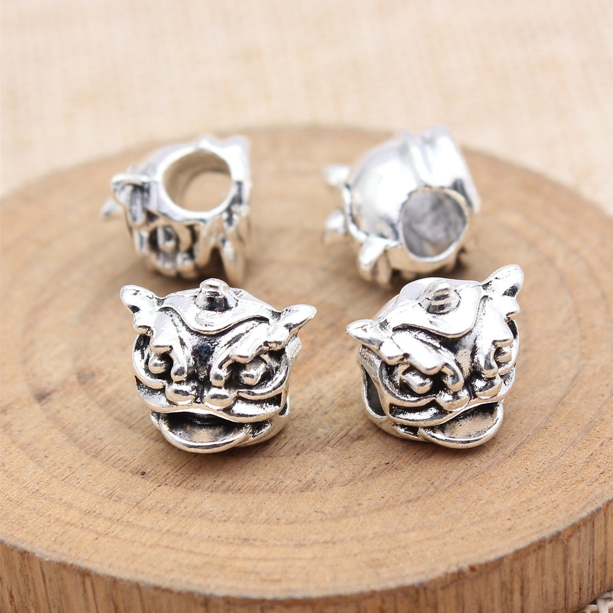 15x13x12mm 4.3g Antique Silver Zinc Alloy 3D Lion Dance Large Hole Beads for Bracelet Necklace DIY